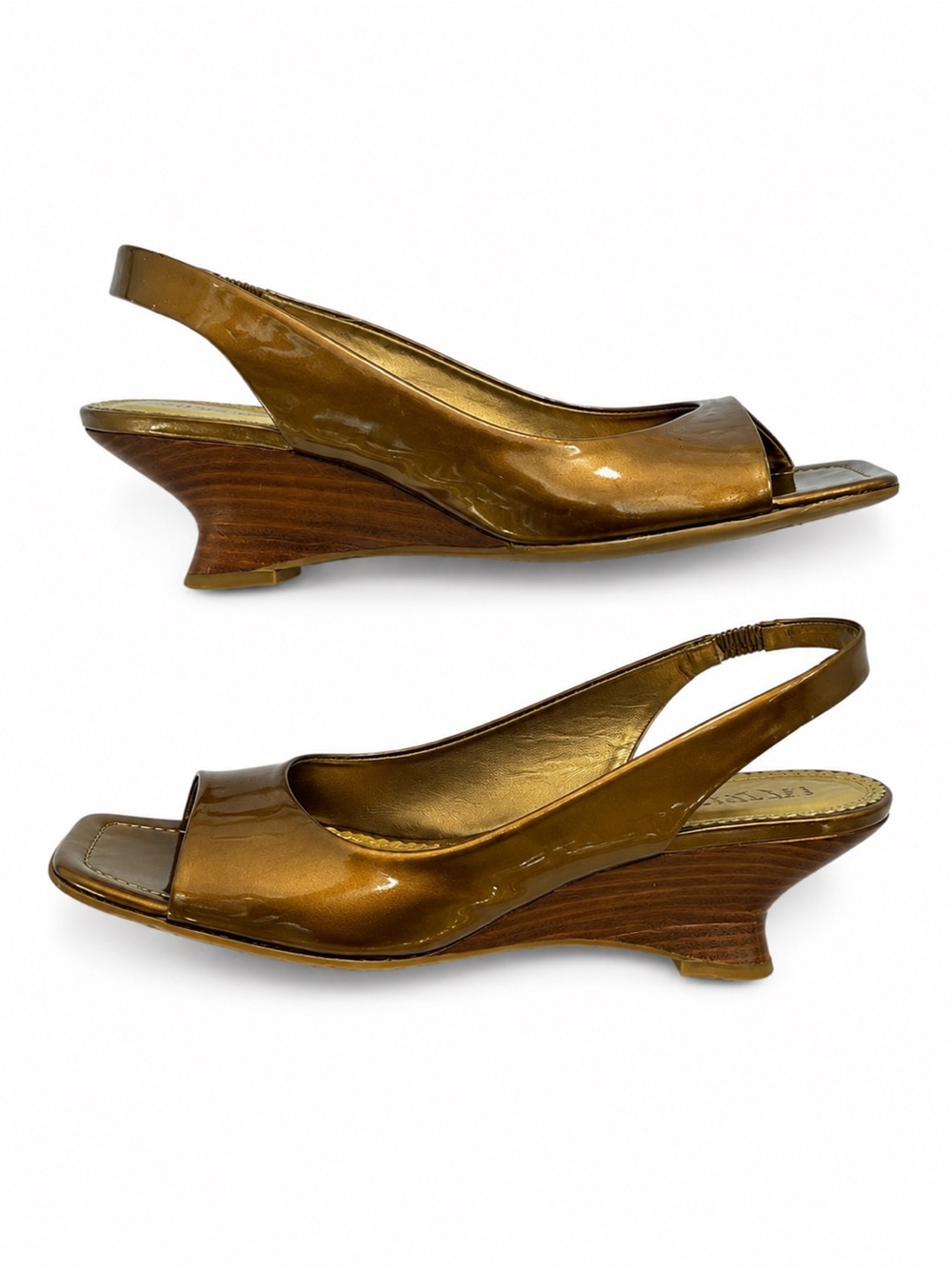 y2k franco sarto bronze metallic patent leather slingback wedge heels 🤎